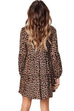 Vestido corto línea holgada manga larga estampado leopardo color cafe1